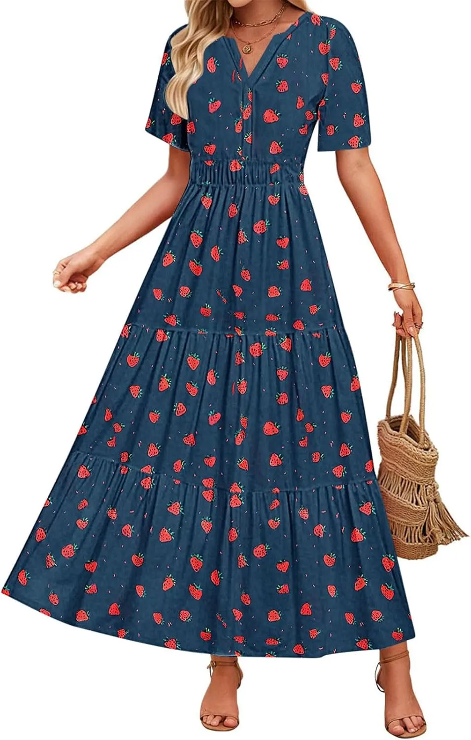 Womens Floral Maxi Dresses V Neck Short Sleeve High Waist A Line Boho Dress 2025 Summer Beach Boho Vacation Dresses