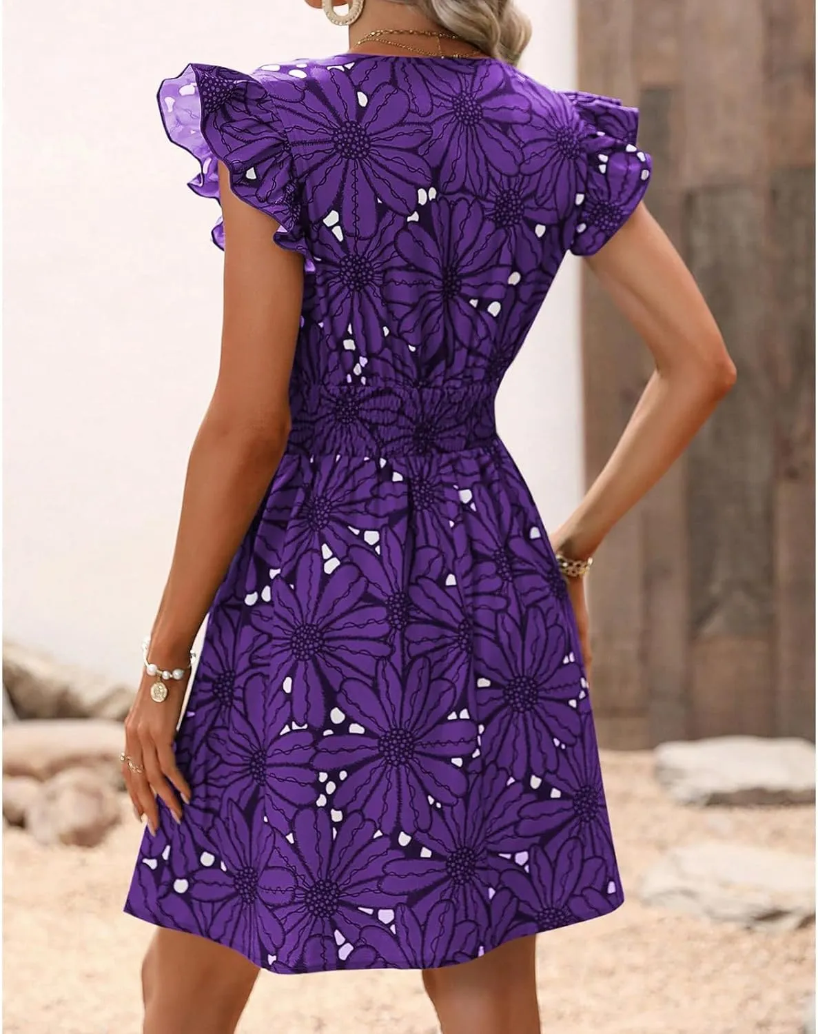 Womens Floral Printed V Neck A Line Dresses Belted Tie Waist Midi Dress Flowy Cap Sleeve Beach Summer Dress
