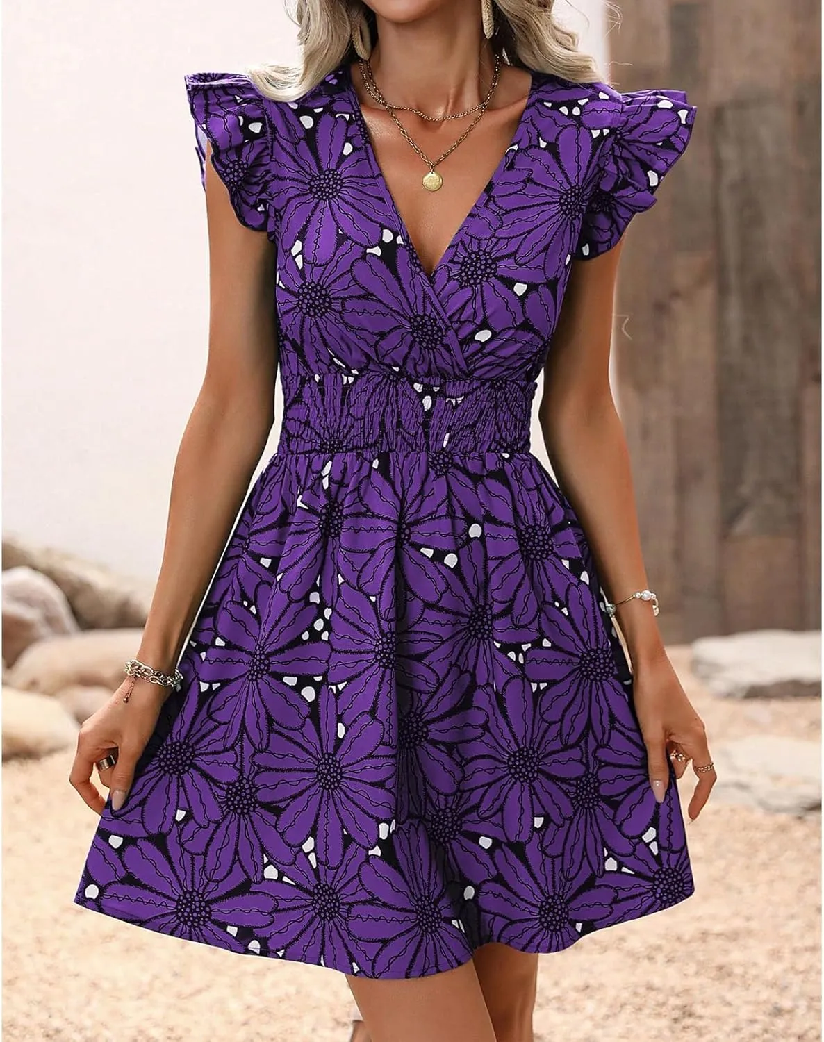 Womens Floral Printed V Neck A Line Dresses Belted Tie Waist Midi Dress Flowy Cap Sleeve Beach Summer Dress