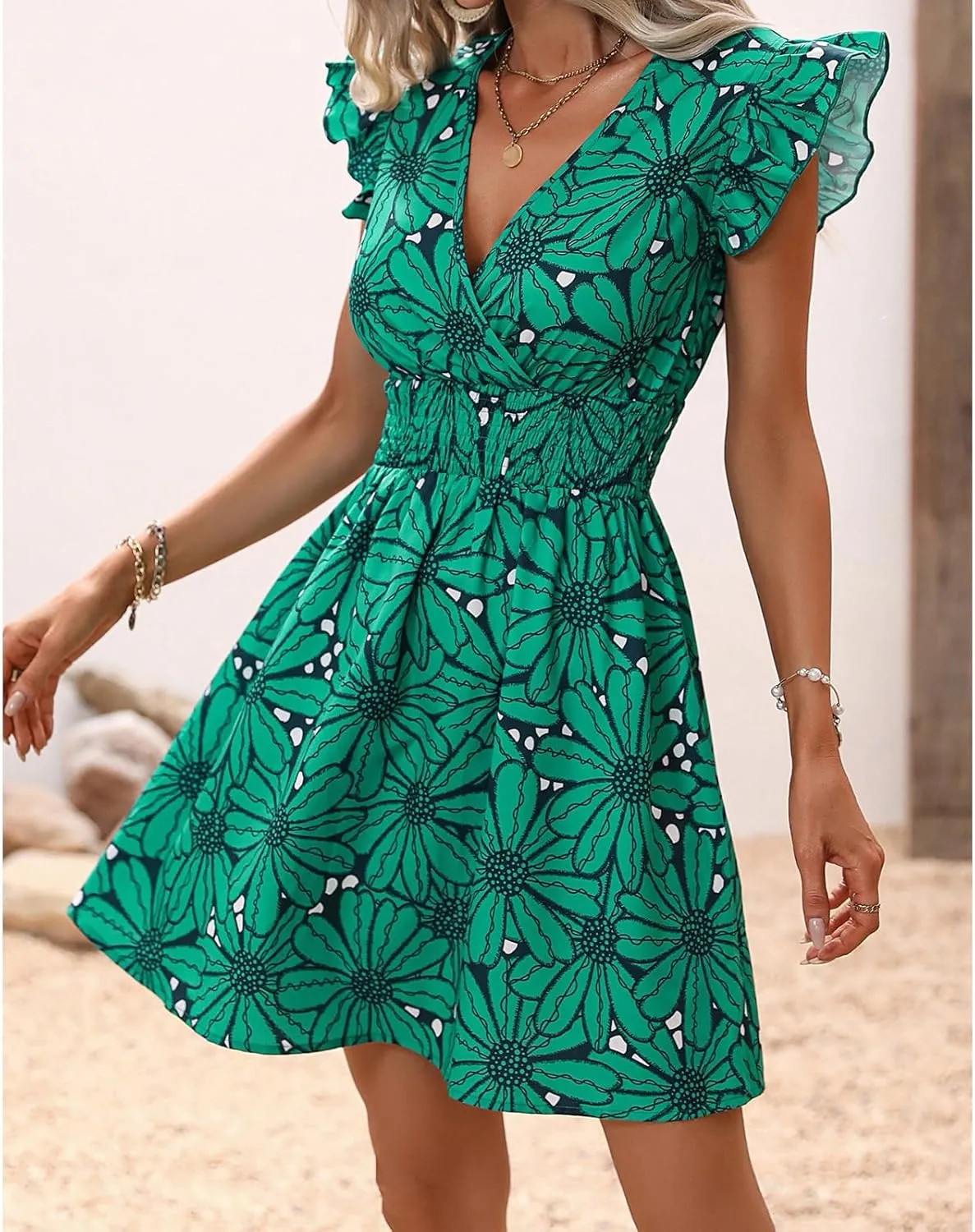 Womens Floral Printed V Neck A Line Dresses Belted Tie Waist Midi Dress Flowy Cap Sleeve Beach Summer Dress