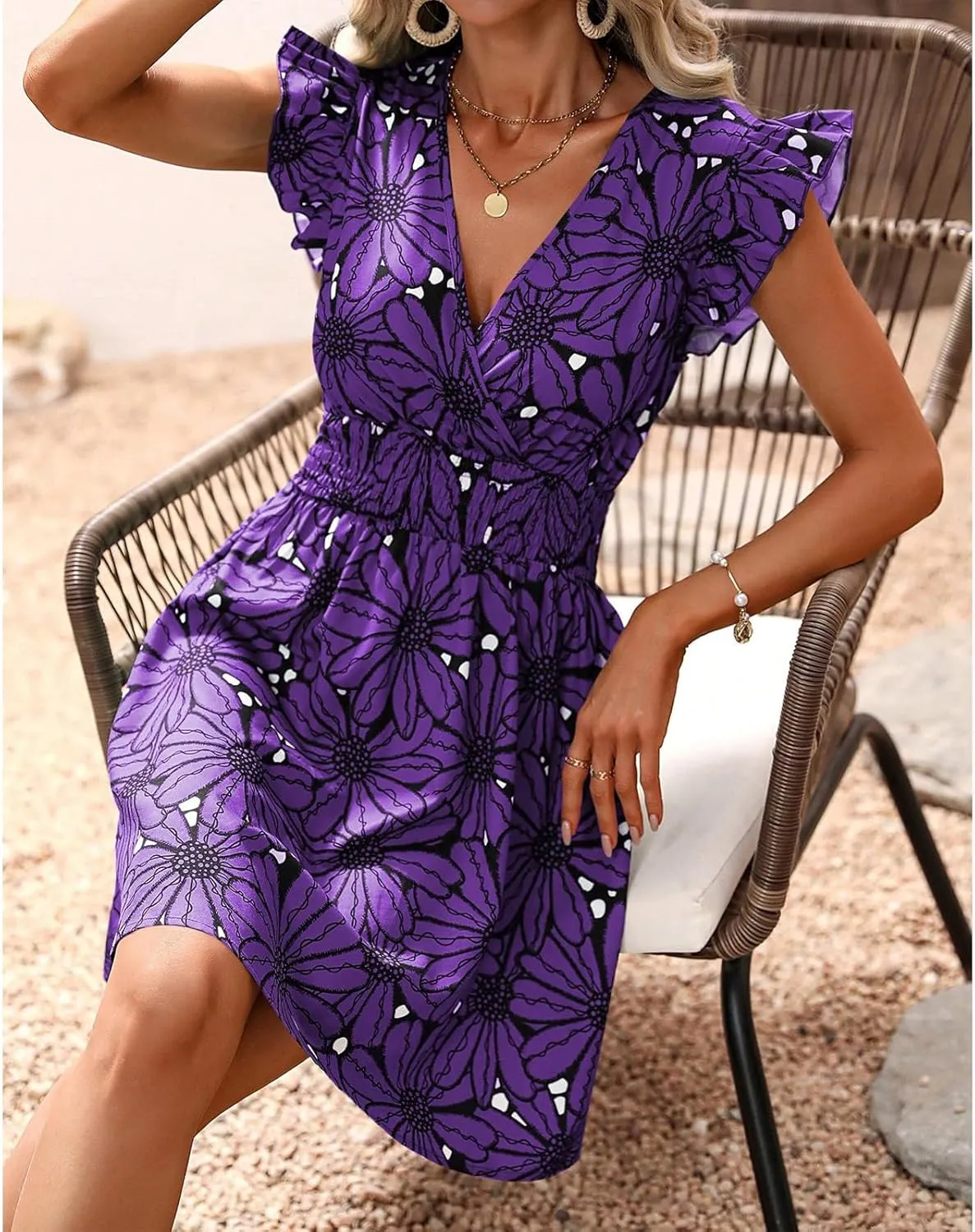 Womens Floral Printed V Neck A Line Dresses Belted Tie Waist Midi Dress Flowy Cap Sleeve Beach Summer Dress
