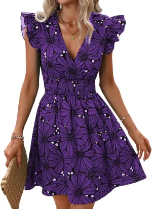 Womens Floral Printed V Neck A Line Dresses Belted Tie Waist Midi Dress Flowy Cap Sleeve Beach Summer Dress
