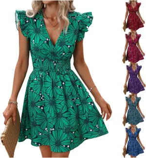 Womens Floral Printed V Neck A Line Dresses Belted Tie Waist Midi Dress Flowy Cap Sleeve Beach Summer Dress