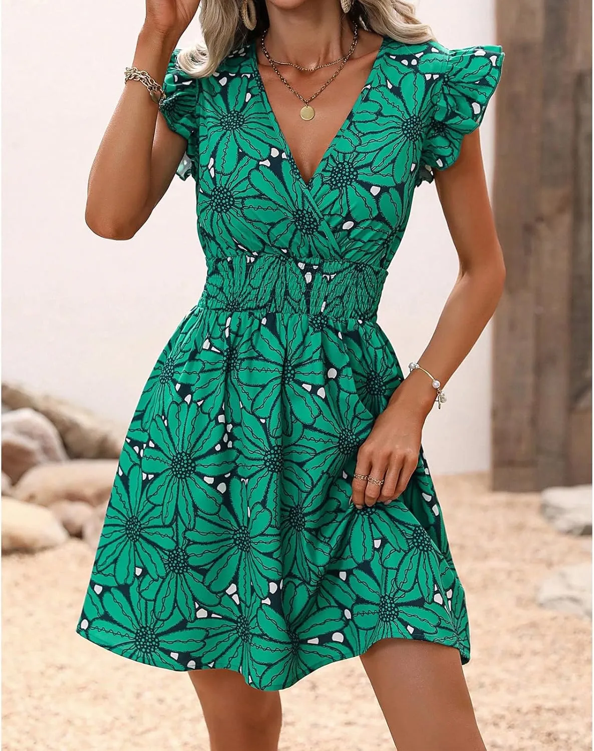 Womens Floral Printed V Neck A Line Dresses Belted Tie Waist Midi Dress Flowy Cap Sleeve Beach Summer Dress