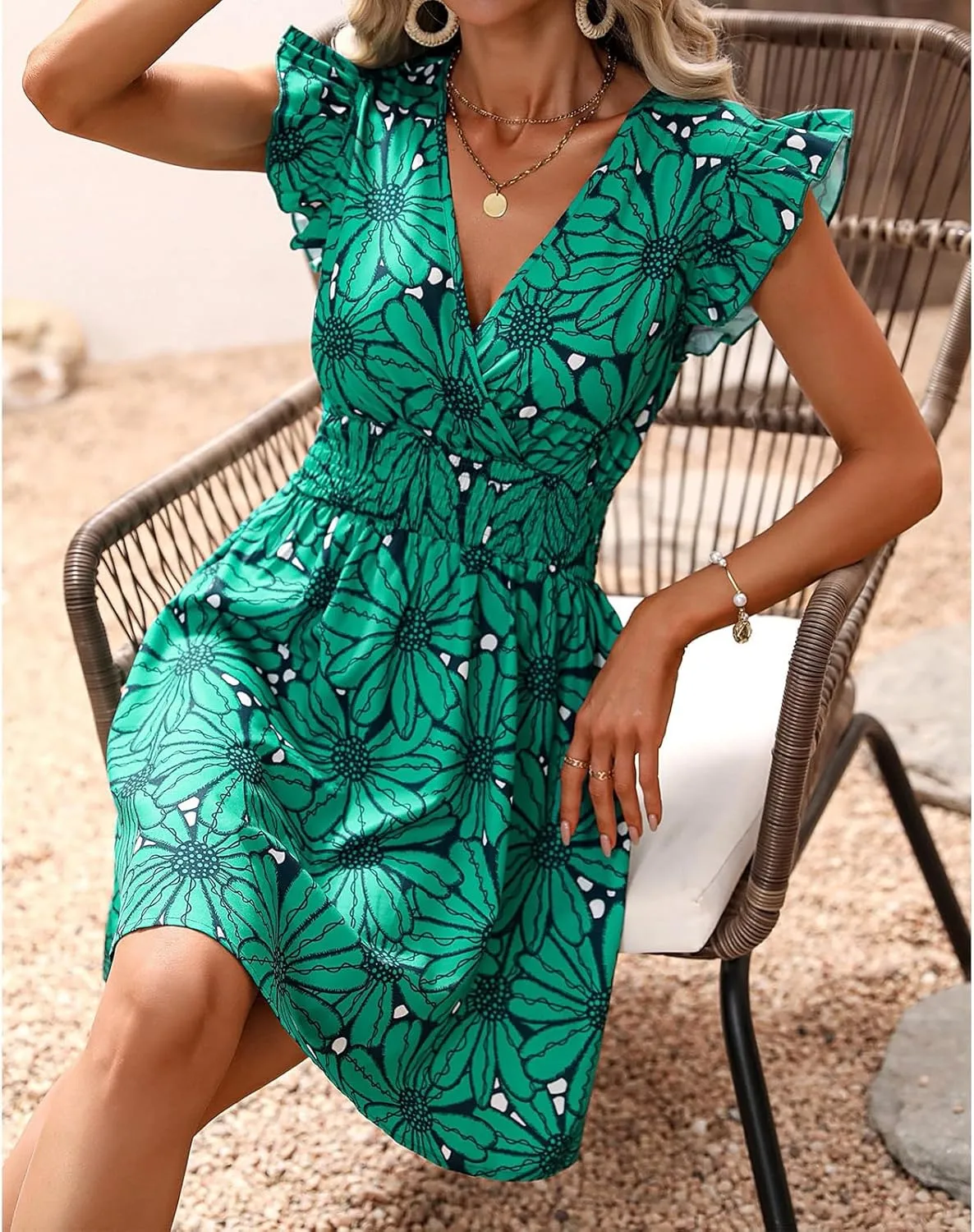 Womens Floral Printed V Neck A Line Dresses Belted Tie Waist Midi Dress Flowy Cap Sleeve Beach Summer Dress