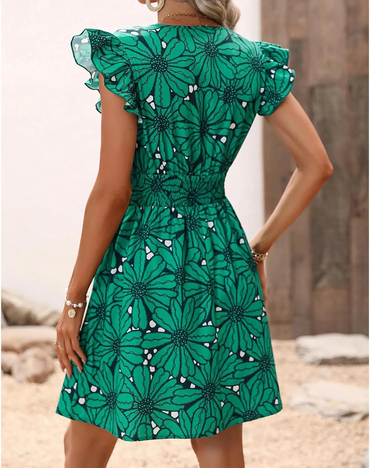 Womens Floral Printed V Neck A Line Dresses Belted Tie Waist Midi Dress Flowy Cap Sleeve Beach Summer Dress