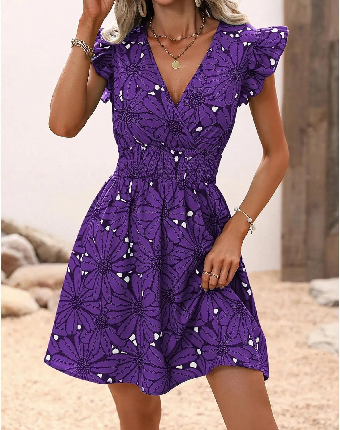 Womens Floral Printed V Neck A Line Dresses Belted Tie Waist Midi Dress Flowy Cap Sleeve Beach Summer Dress