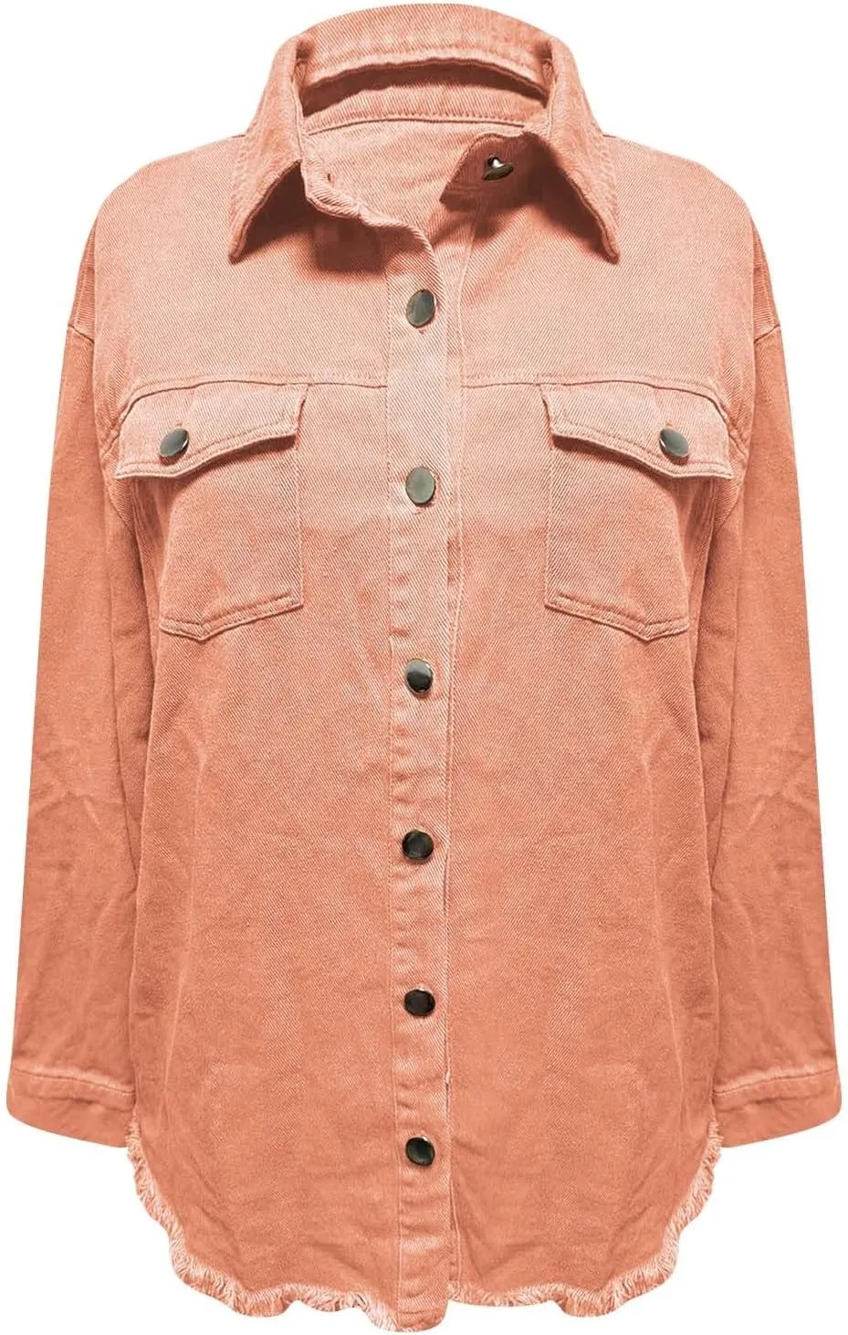 Womens Oversized Button Up Frayed Hem Shacket Long Sleeve Pockets Denim Jean Jacket Trucker Coats