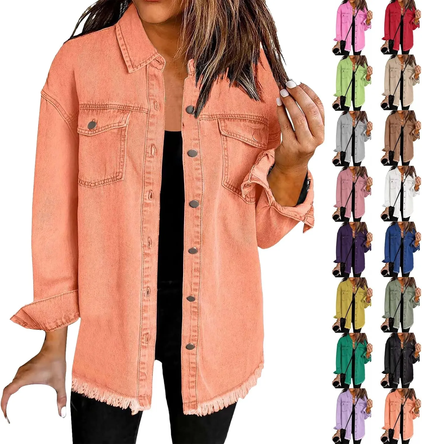 Womens Oversized Button Up Frayed Hem Shacket Long Sleeve Pockets Denim Jean Jacket Trucker Coats