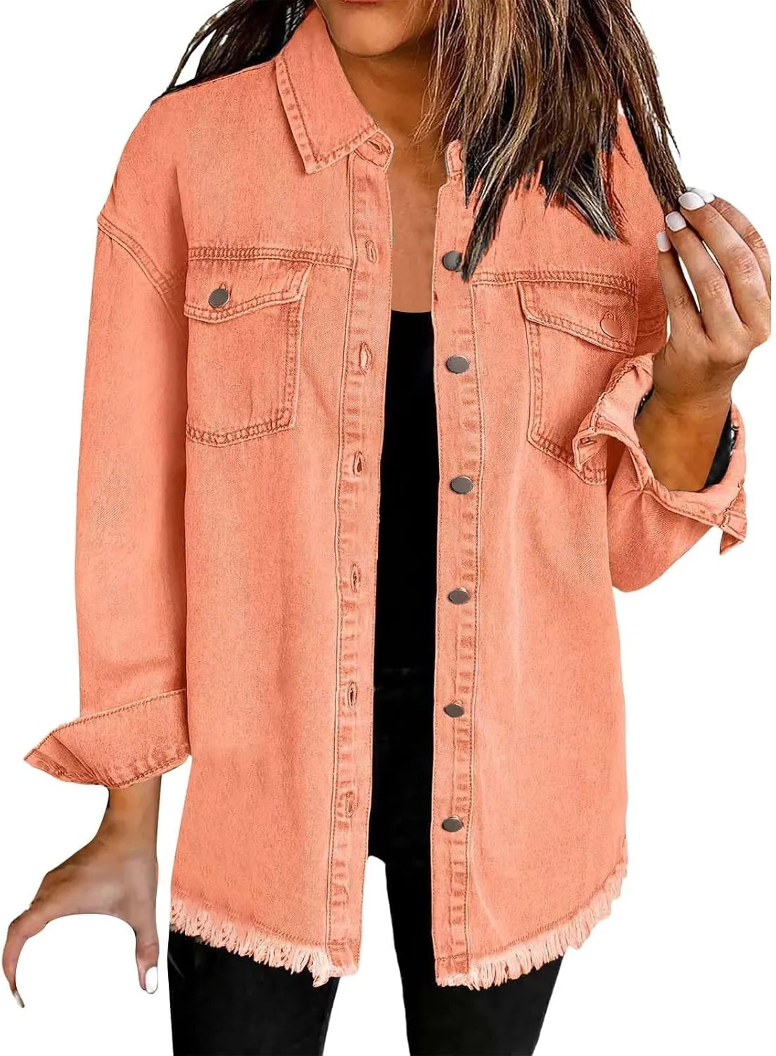 Womens Oversized Button Up Frayed Hem Shacket Long Sleeve Pockets Denim Jean Jacket Trucker Coats