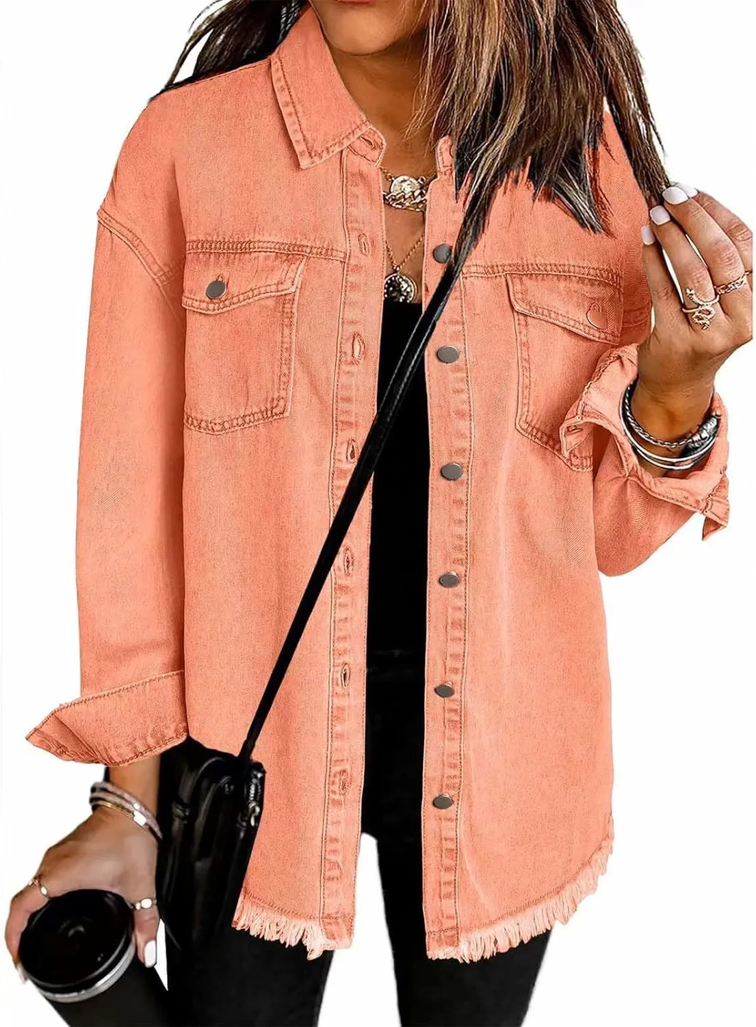 Womens Oversized Button Up Frayed Hem Shacket Long Sleeve Pockets Denim Jean Jacket Trucker Coats