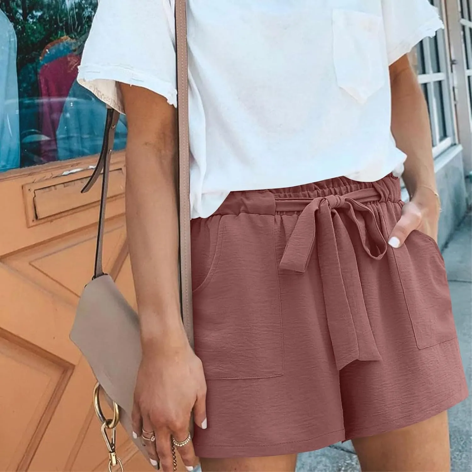 Women's Shorts Casual Paperbag Pleated Shorts Wide Leg Adjustable Tie Knot Waist Dressy Outfits with Pockets