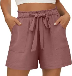 Women's Shorts Casual Paperbag Pleated Shorts Wide Leg Adjustable Tie Knot Waist Dressy Outfits with Pockets