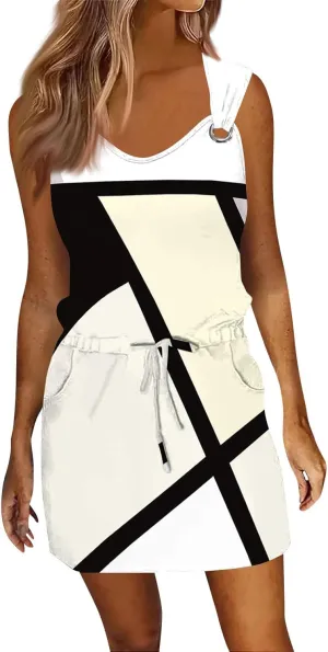 Women's Sleeveless Color Block Casual Dress with Drawstring Waist,Summer Fashion Comfortable and Stylish