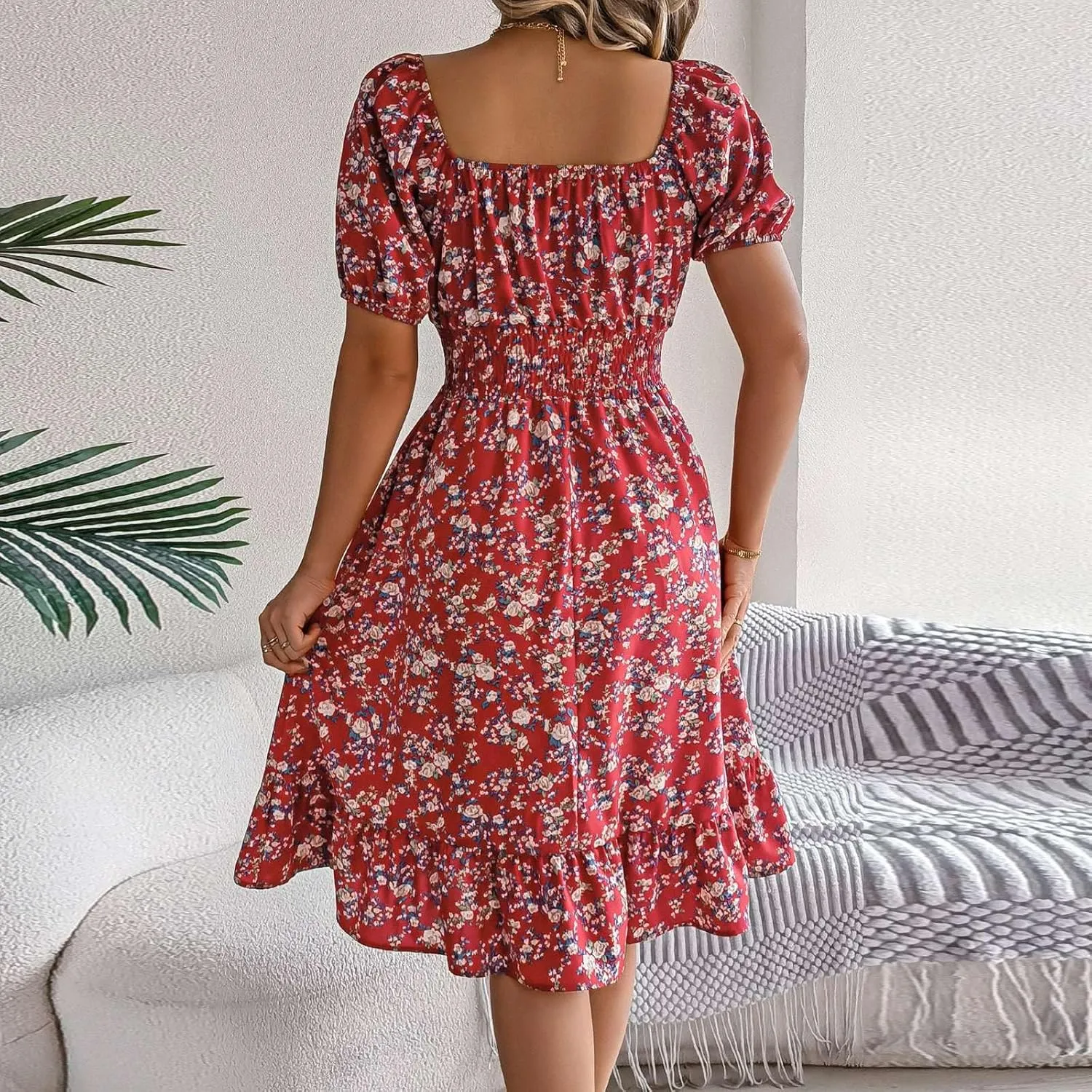 Women's Summer Casual Loose Trendy Sun Dress Square Neck Short Sleeve Floral Print Boho Dresses, S-XL