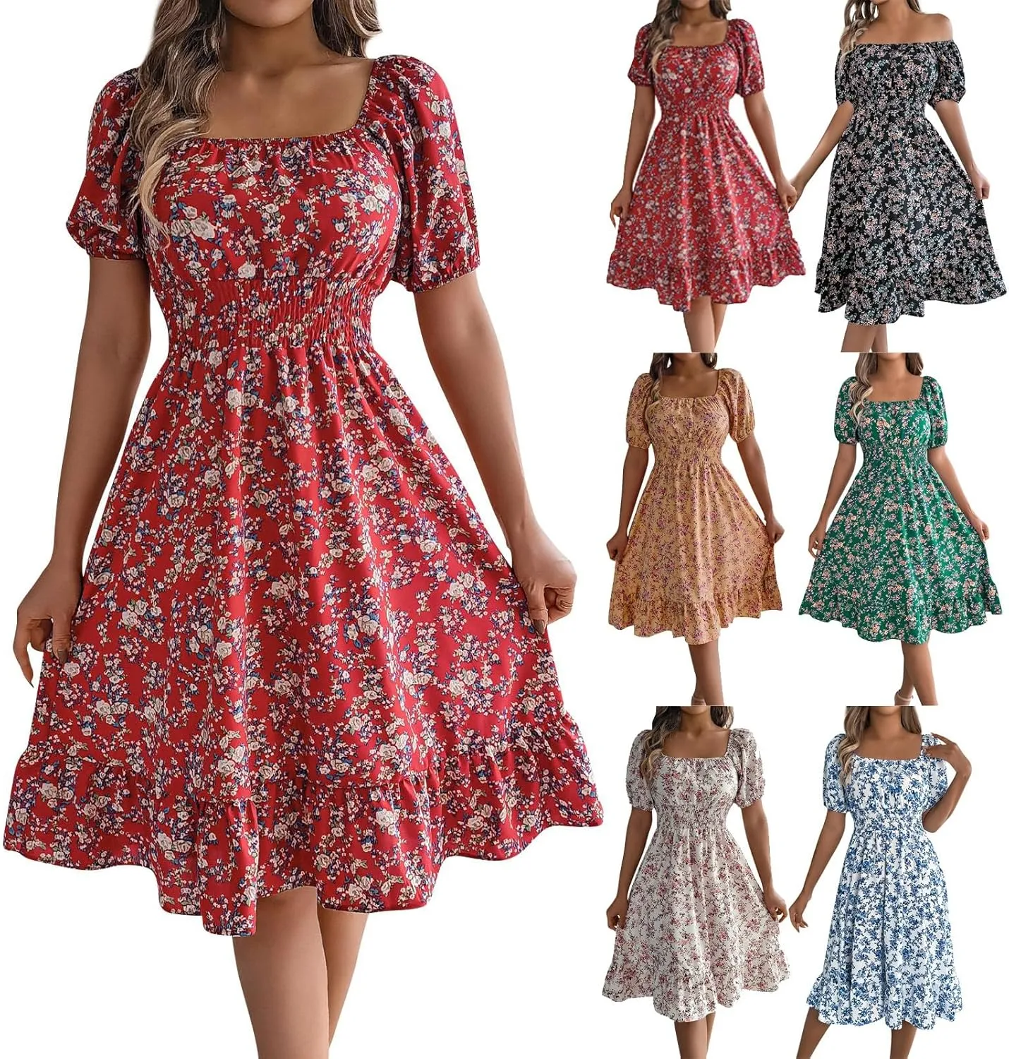 Women's Summer Casual Loose Trendy Sun Dress Square Neck Short Sleeve Floral Print Boho Dresses, S-XL
