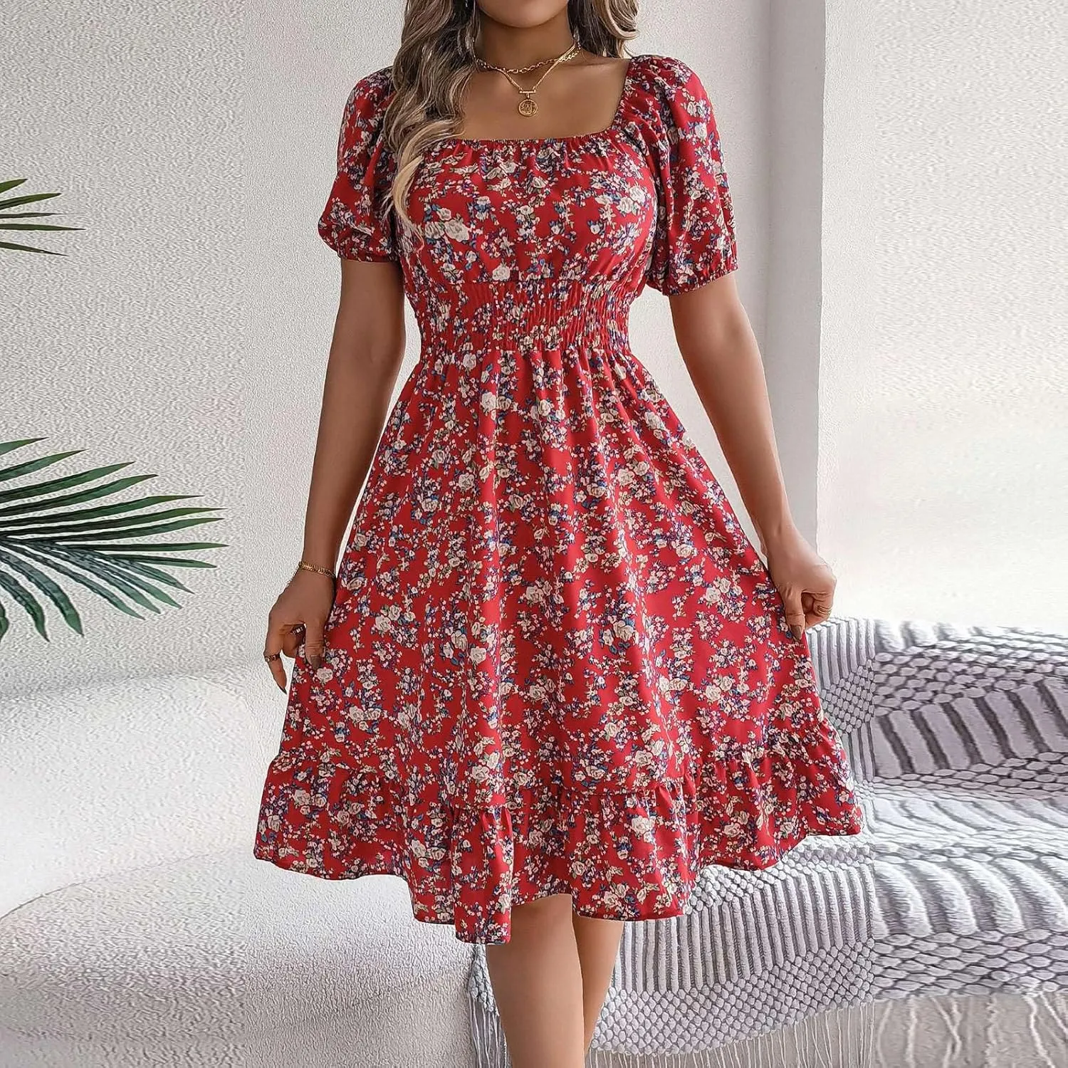 Women's Summer Casual Loose Trendy Sun Dress Square Neck Short Sleeve Floral Print Boho Dresses, S-XL