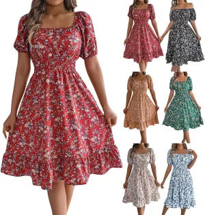 Women's Summer Casual Loose Trendy Sun Dress Square Neck Short Sleeve Floral Print Boho Dresses, S-XL
