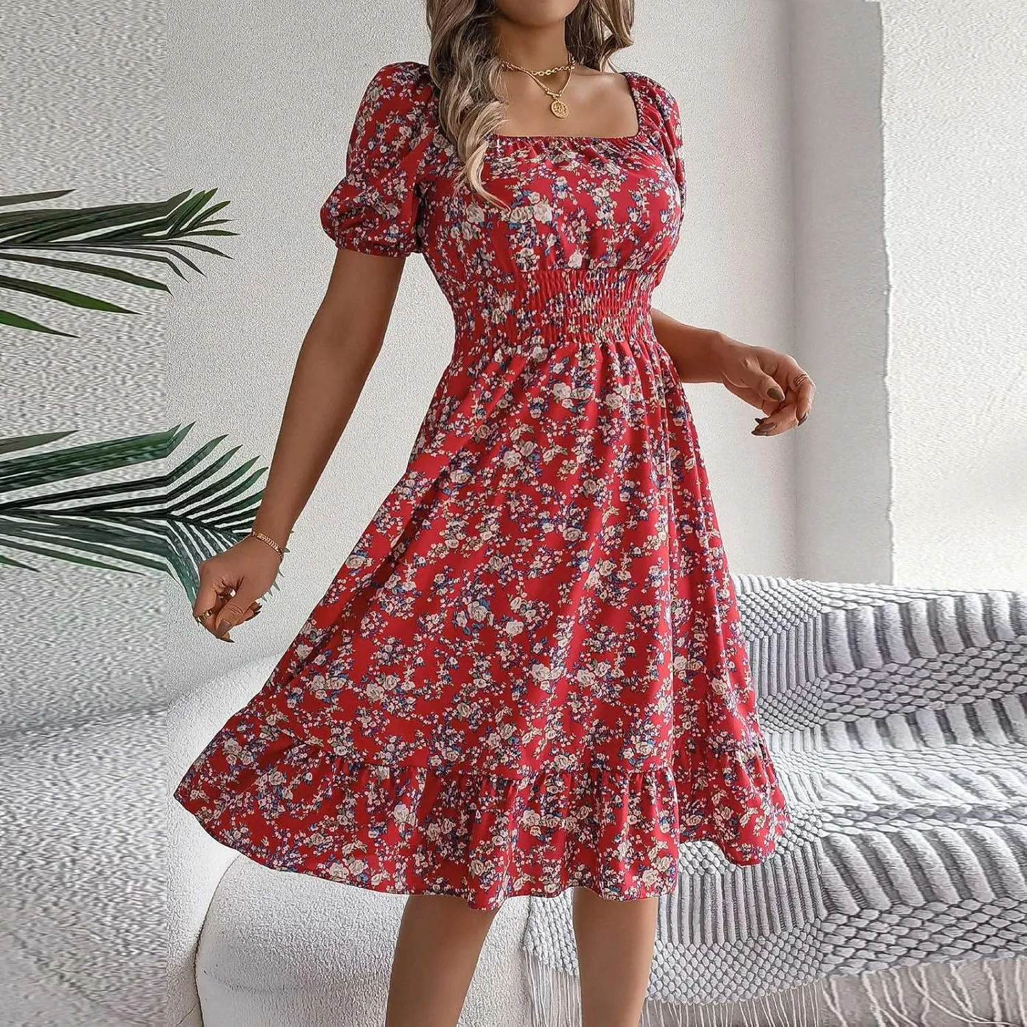 Women's Summer Casual Loose Trendy Sun Dress Square Neck Short Sleeve Floral Print Boho Dresses, S-XL