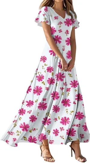 Women's Summer Dress 2025 Short Sleeve V-Neck Boho Floral Printed Flowy Swing Sundress Wedding Guest Dresses