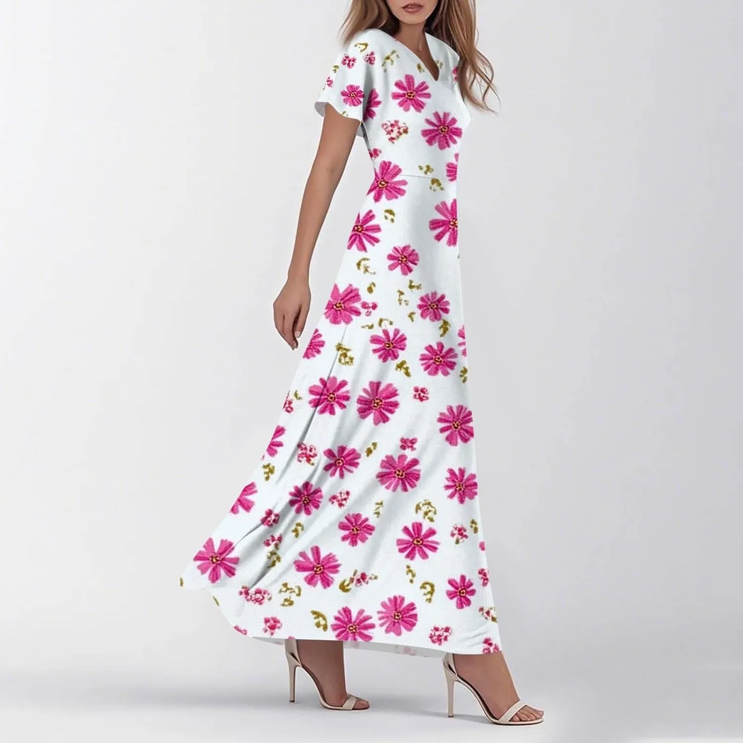 Women's Summer Dress 2025 Short Sleeve V-Neck Boho Floral Printed Flowy Swing Sundress Wedding Guest Dresses