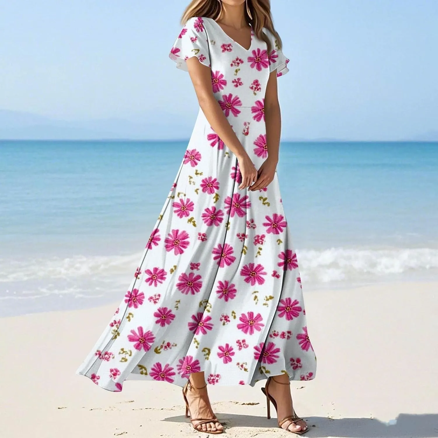 Women's Summer Dress 2025 Short Sleeve V-Neck Boho Floral Printed Flowy Swing Sundress Wedding Guest Dresses