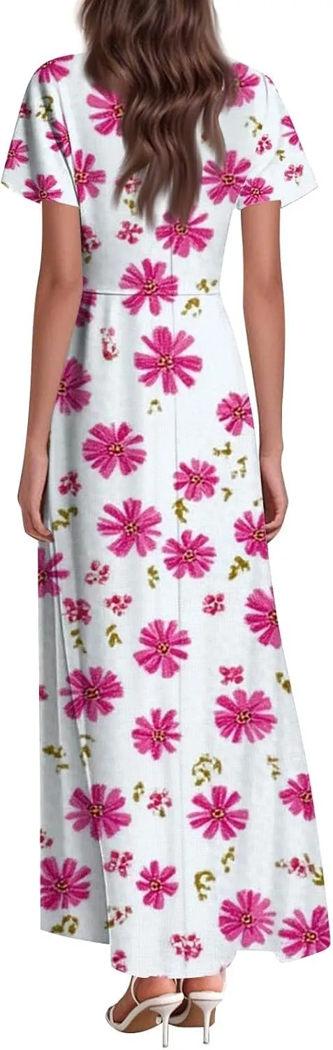 Women's Summer Dress 2025 Short Sleeve V-Neck Boho Floral Printed Flowy Swing Sundress Wedding Guest Dresses