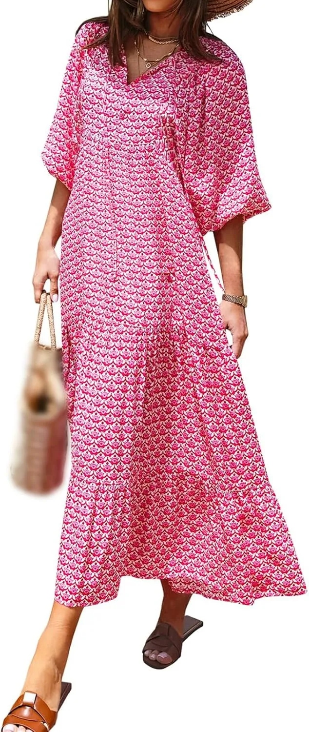 Womens Summer Dresses Boho Floral Drawstring V Neck Chiffon Lantern Sleeve Maxi Long Dresses Beach Sundress