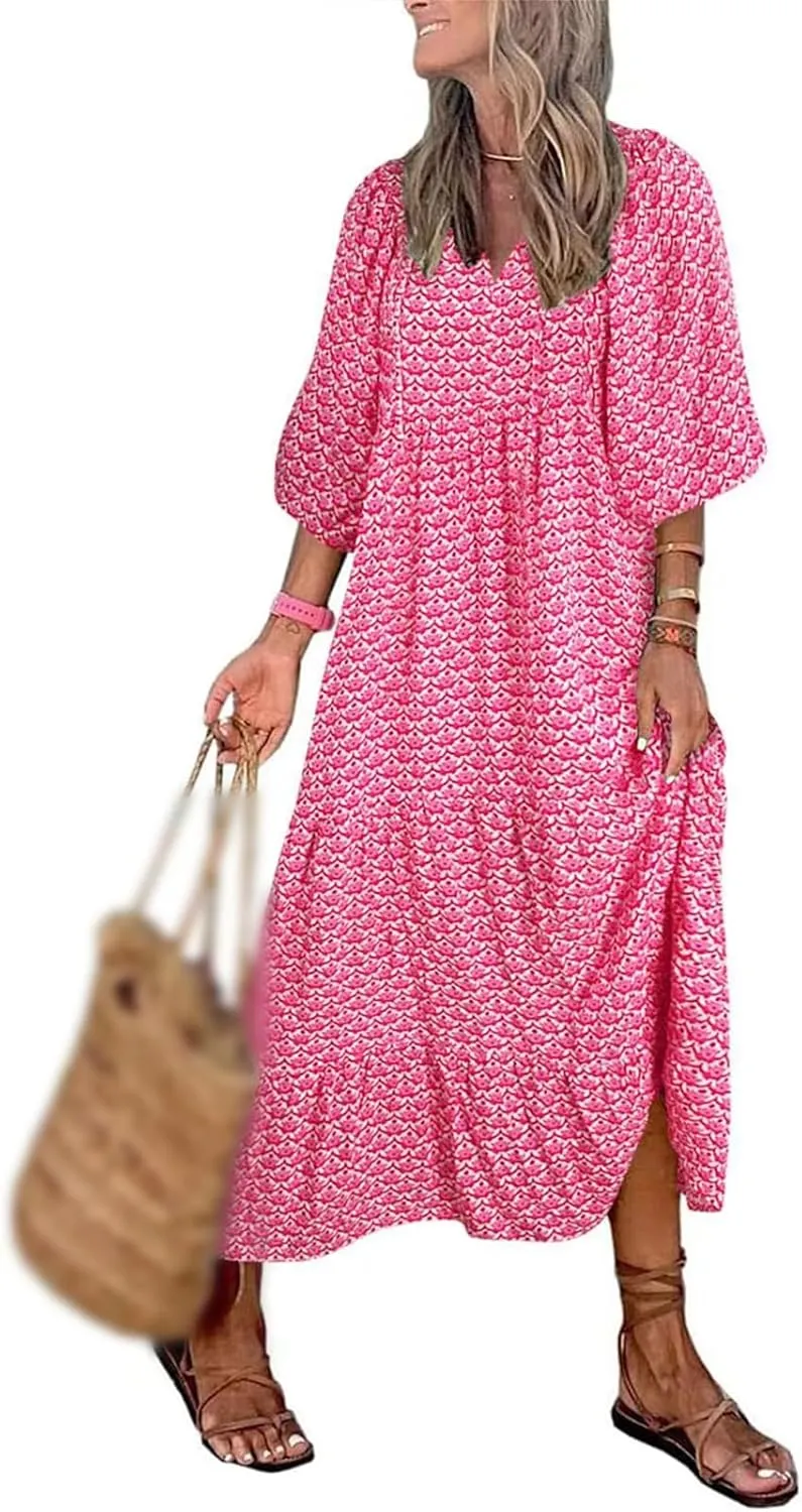 Womens Summer Dresses Boho Floral Drawstring V Neck Chiffon Lantern Sleeve Maxi Long Dresses Beach Sundress