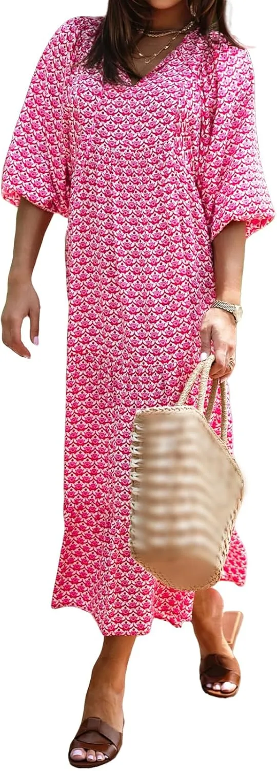 Womens Summer Dresses Boho Floral Drawstring V Neck Chiffon Lantern Sleeve Maxi Long Dresses Beach Sundress