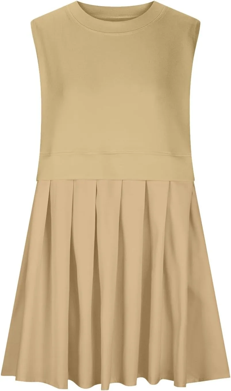 Womens Summer Sweatshirt Dresses Casual Crewneck Sleeveless Patchwork Pleated A Line Short Mini Dress Beach Sundresses