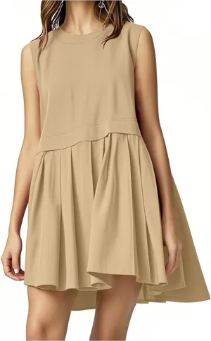 Womens Summer Sweatshirt Dresses Casual Crewneck Sleeveless Patchwork Pleated A Line Short Mini Dress Beach Sundresses
