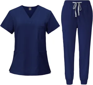 Women's V-Neck Stretch Fit Scrub Top & Jogger Scrubs Pants Multi Pocket Medical Nurse Uniforms Set