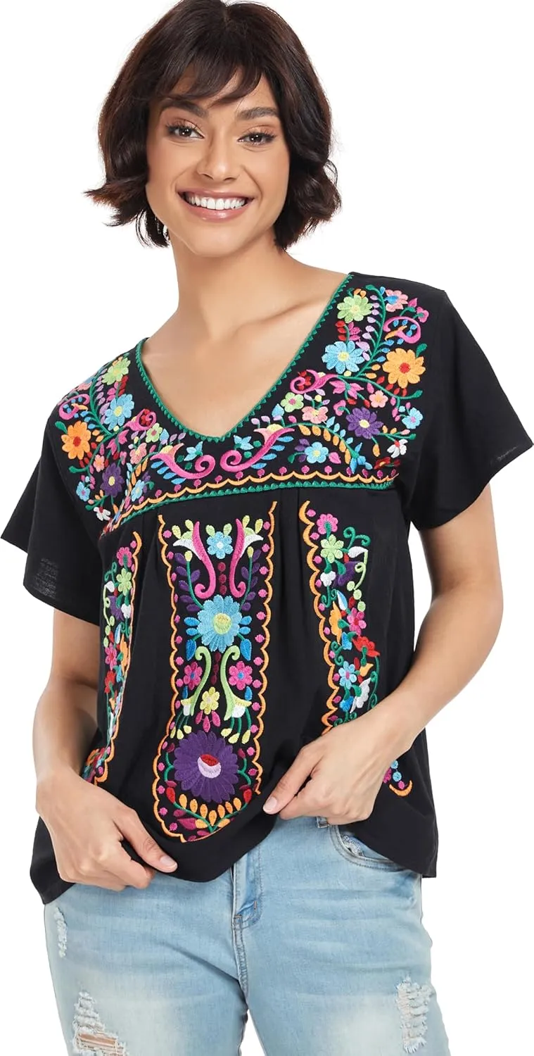 YZXDORWJ Women's Mexican V Neck Top Peasant Embroidered Blouse Traditional Summer Short Sleeve Shirt