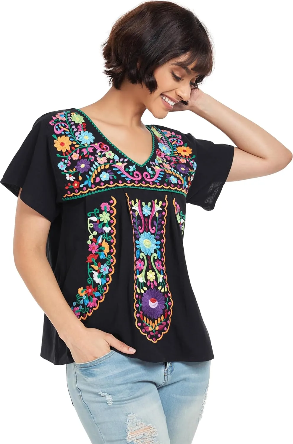 YZXDORWJ Women's Mexican V Neck Top Peasant Embroidered Blouse Traditional Summer Short Sleeve Shirt