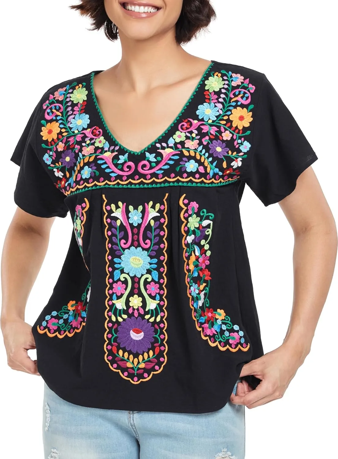 YZXDORWJ Women's Mexican V Neck Top Peasant Embroidered Blouse Traditional Summer Short Sleeve Shirt