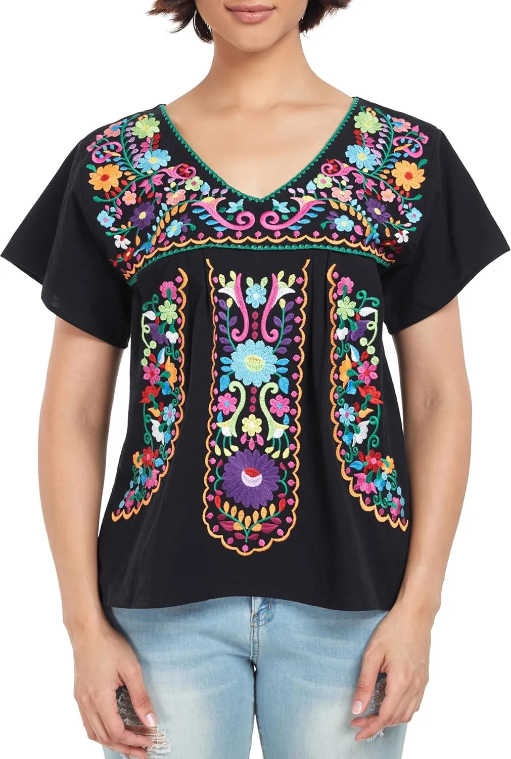 YZXDORWJ Women's Mexican V Neck Top Peasant Embroidered Blouse Traditional Summer Short Sleeve Shirt