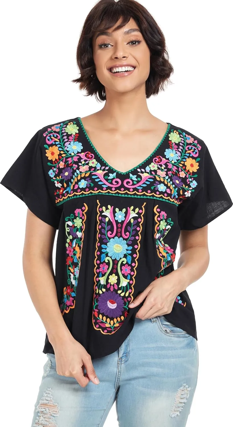 YZXDORWJ Women's Mexican V Neck Top Peasant Embroidered Blouse Traditional Summer Short Sleeve Shirt