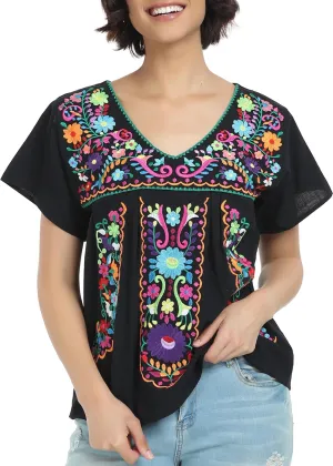 YZXDORWJ Women's Mexican V Neck Top Peasant Embroidered Blouse Traditional Summer Short Sleeve Shirt