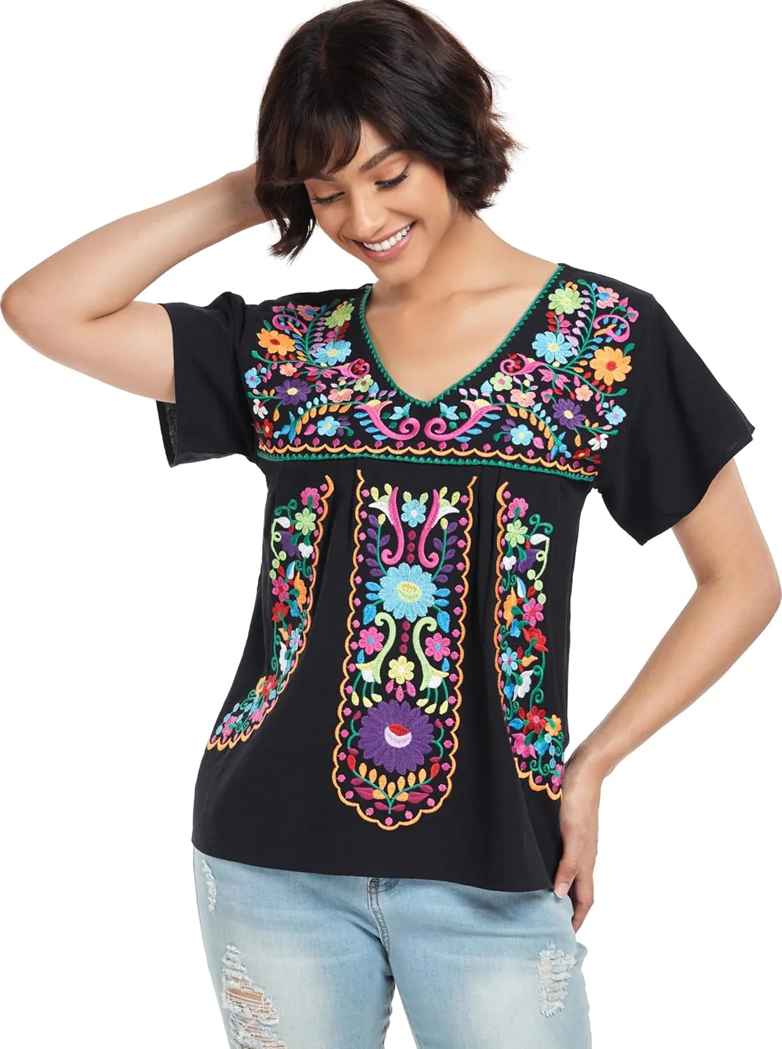 YZXDORWJ Women's Mexican V Neck Top Peasant Embroidered Blouse Traditional Summer Short Sleeve Shirt