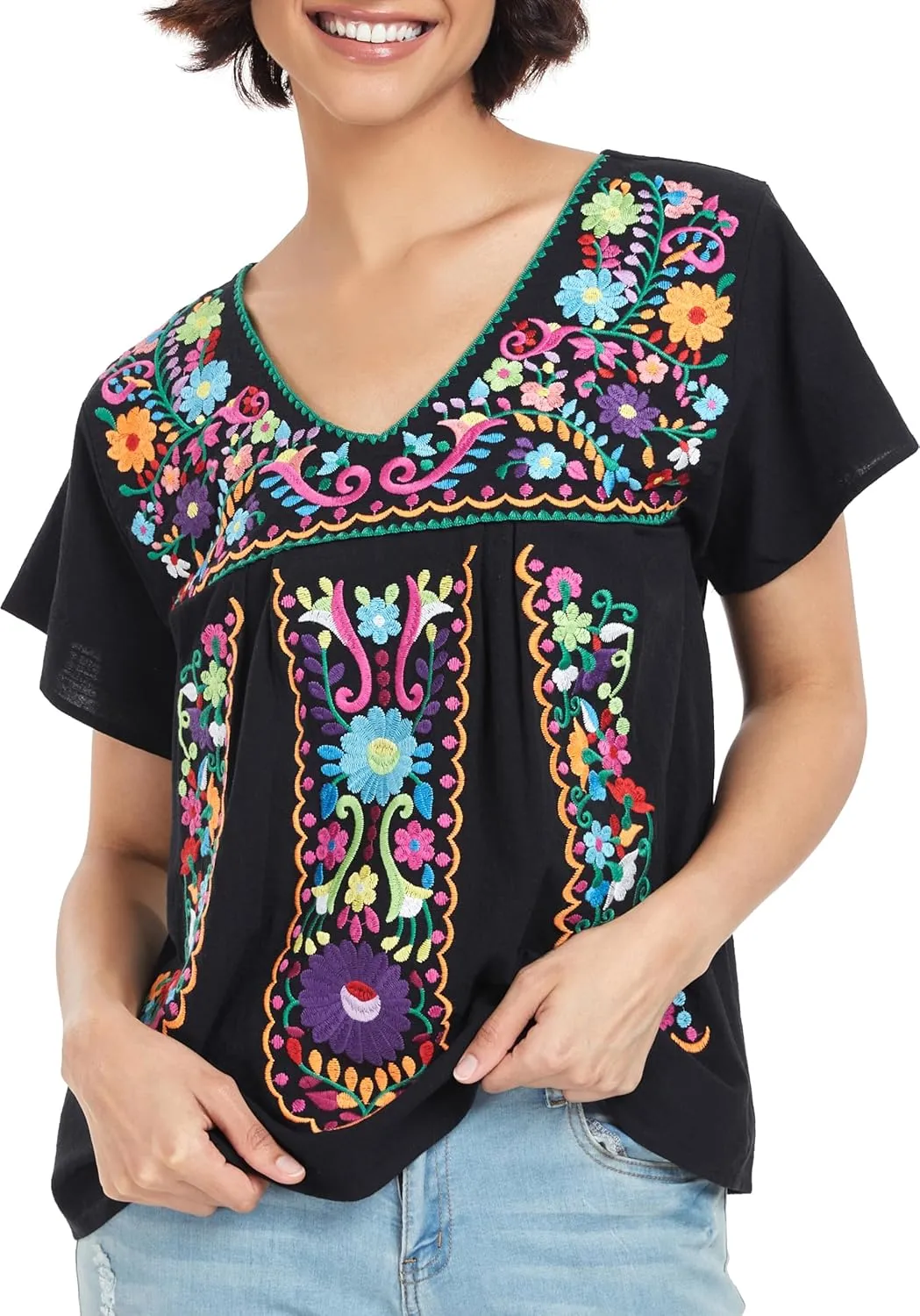 YZXDORWJ Women's Mexican V Neck Top Peasant Embroidered Blouse Traditional Summer Short Sleeve Shirt