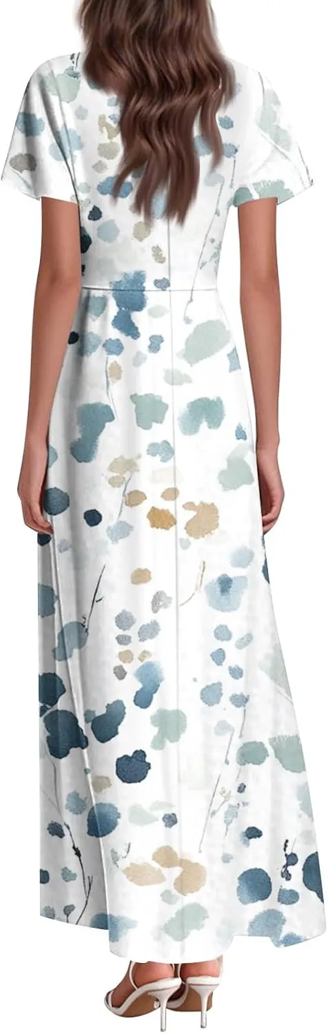 ZEFOTIM Long Maxi Dresses for Women Boho Floral Dress Short Sleeve V Neck Dresses