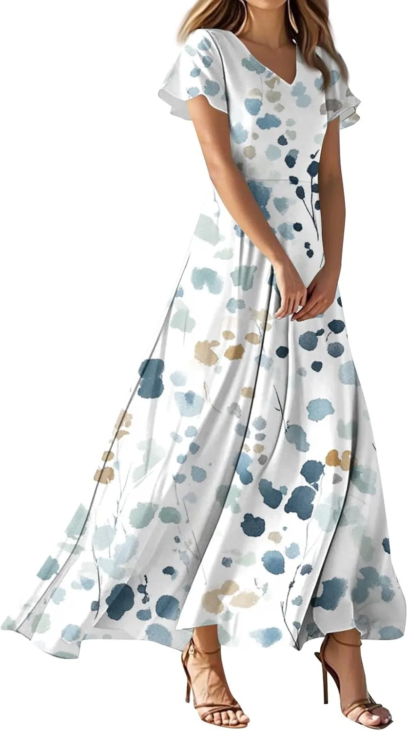 ZEFOTIM Long Maxi Dresses for Women Boho Floral Dress Short Sleeve V Neck Dresses
