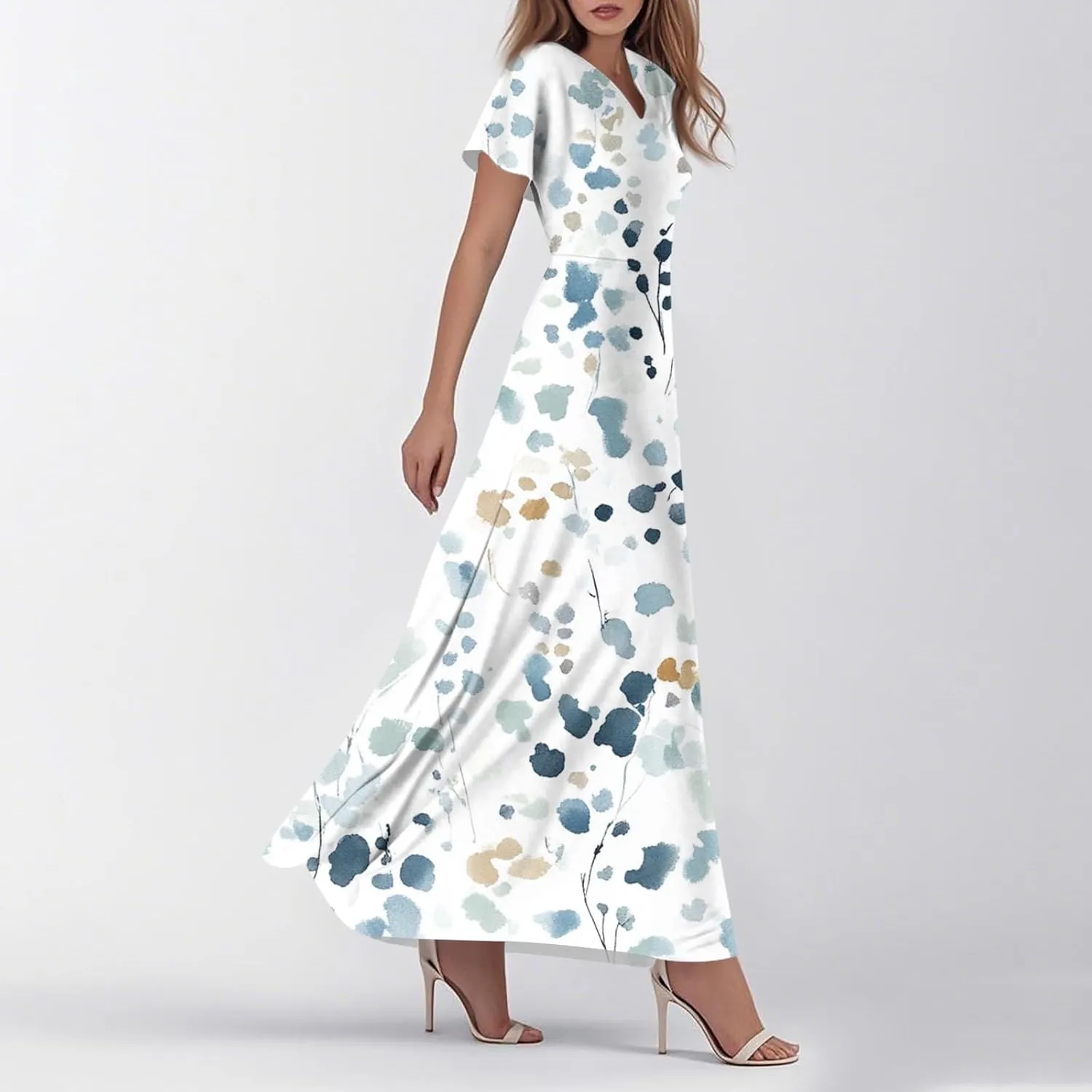 ZEFOTIM Long Maxi Dresses for Women Boho Floral Dress Short Sleeve V Neck Dresses