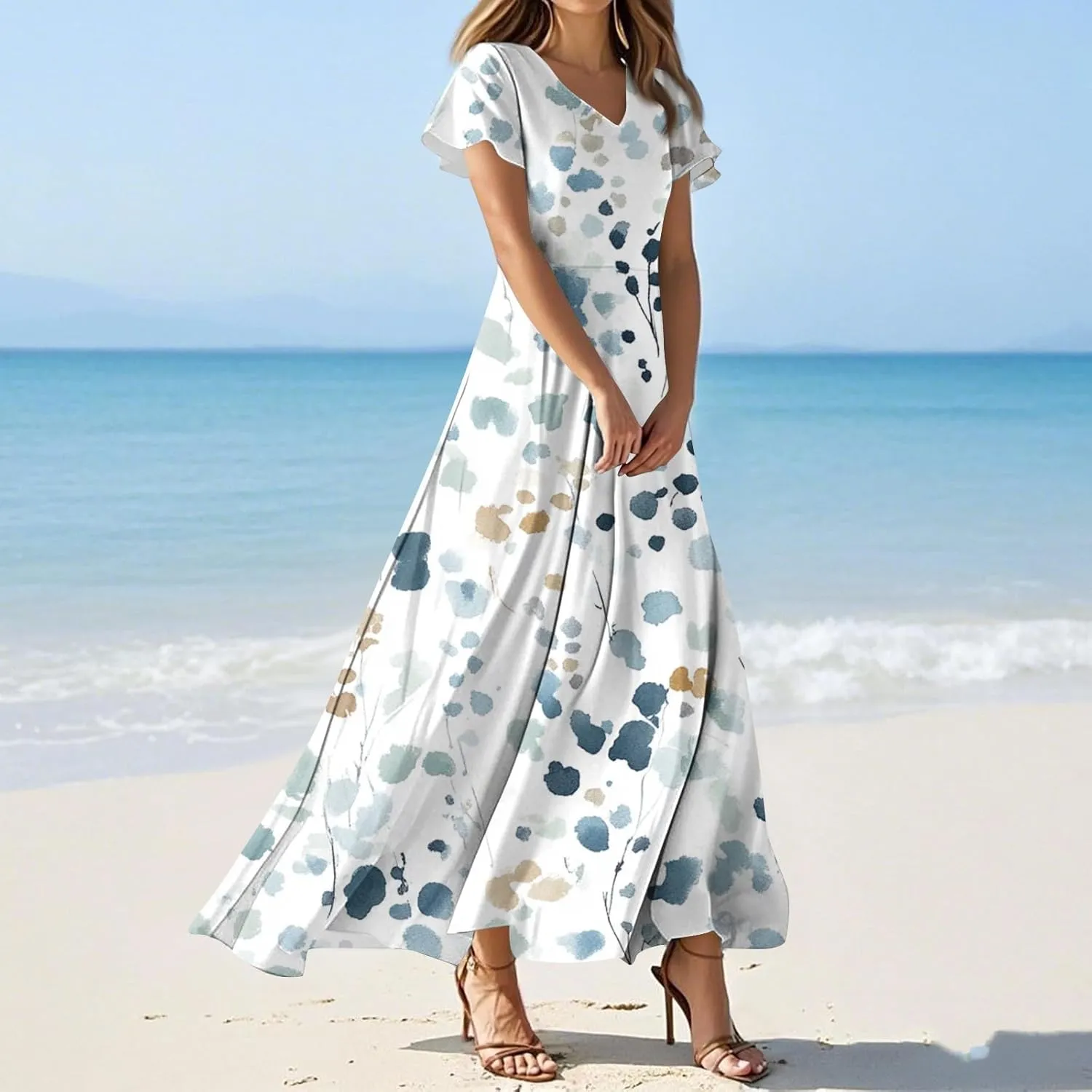 ZEFOTIM Long Maxi Dresses for Women Boho Floral Dress Short Sleeve V Neck Dresses